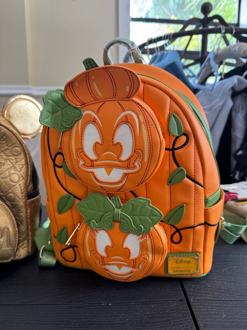 Loungefly Orange Pumpkin Patch Mini Backpack with Green Leaves
